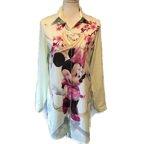 TopShop Womens Mint Green Button Down Front Minnie Mouse Graphic Blouse Medium - Picture 1 of 9
